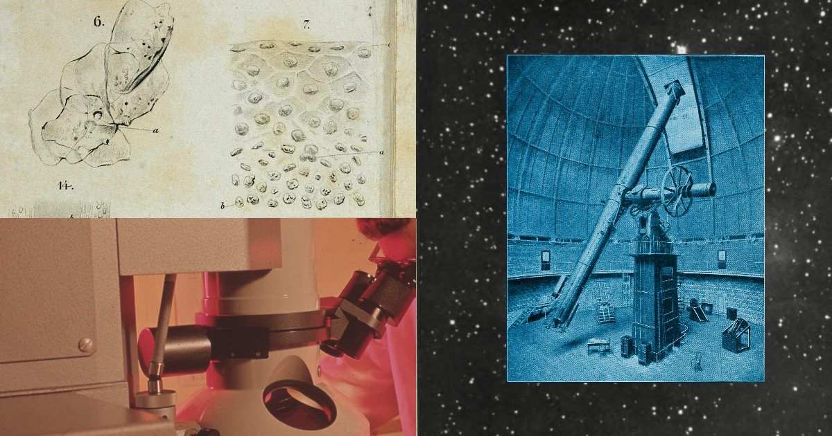 Ilustrasi Anthropic berisi gambar teleskop dan peralatan laboratorium bergaya klasik