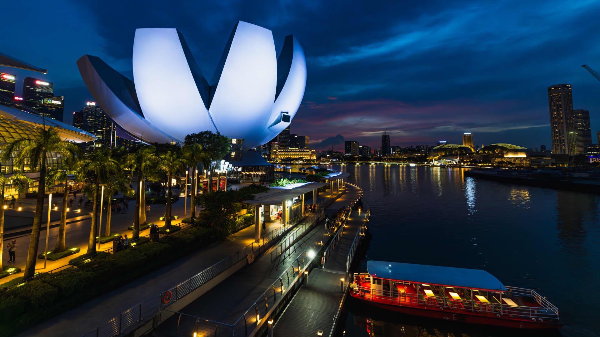 Museum ArtScience dan cakrawala Singapura pada malam hari