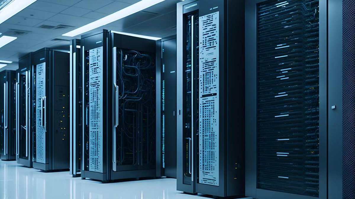 Ilustrasi deretan rak server di dalam pusat data