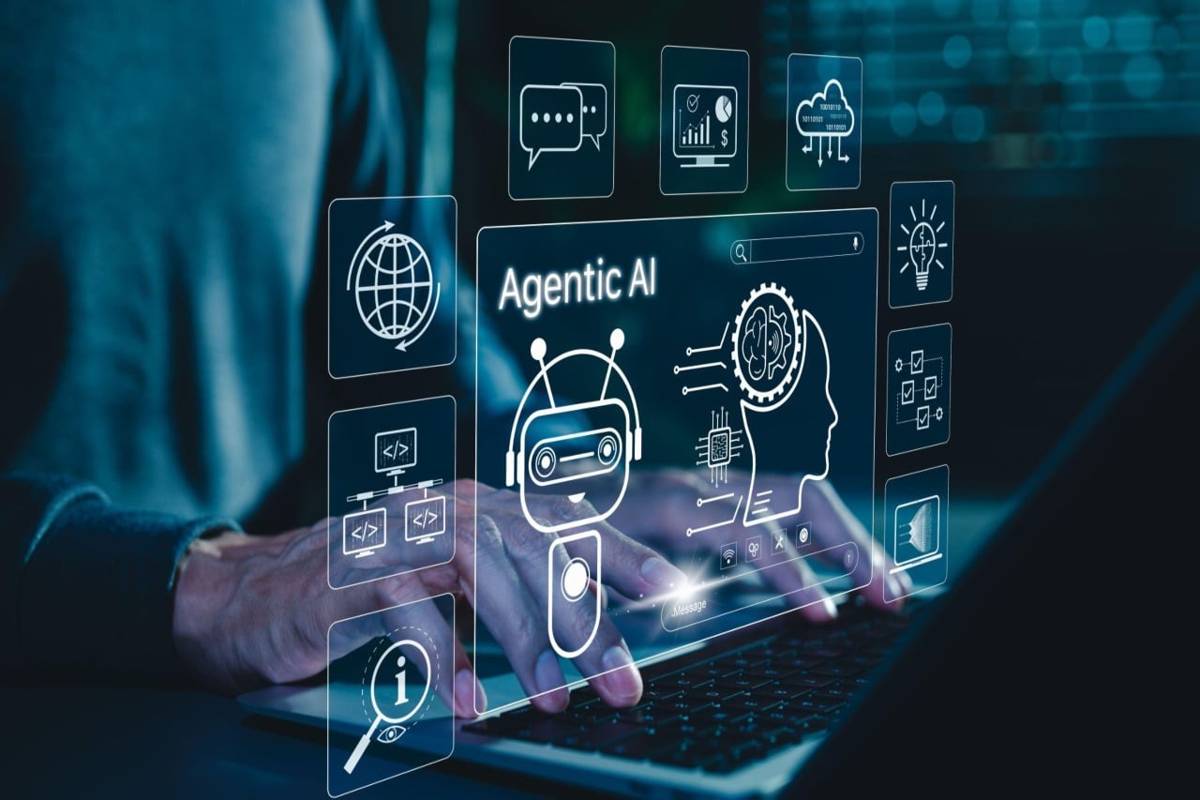Ilustrasi tangan menyentuh antarmuka digital bertuliskan Agentic AI