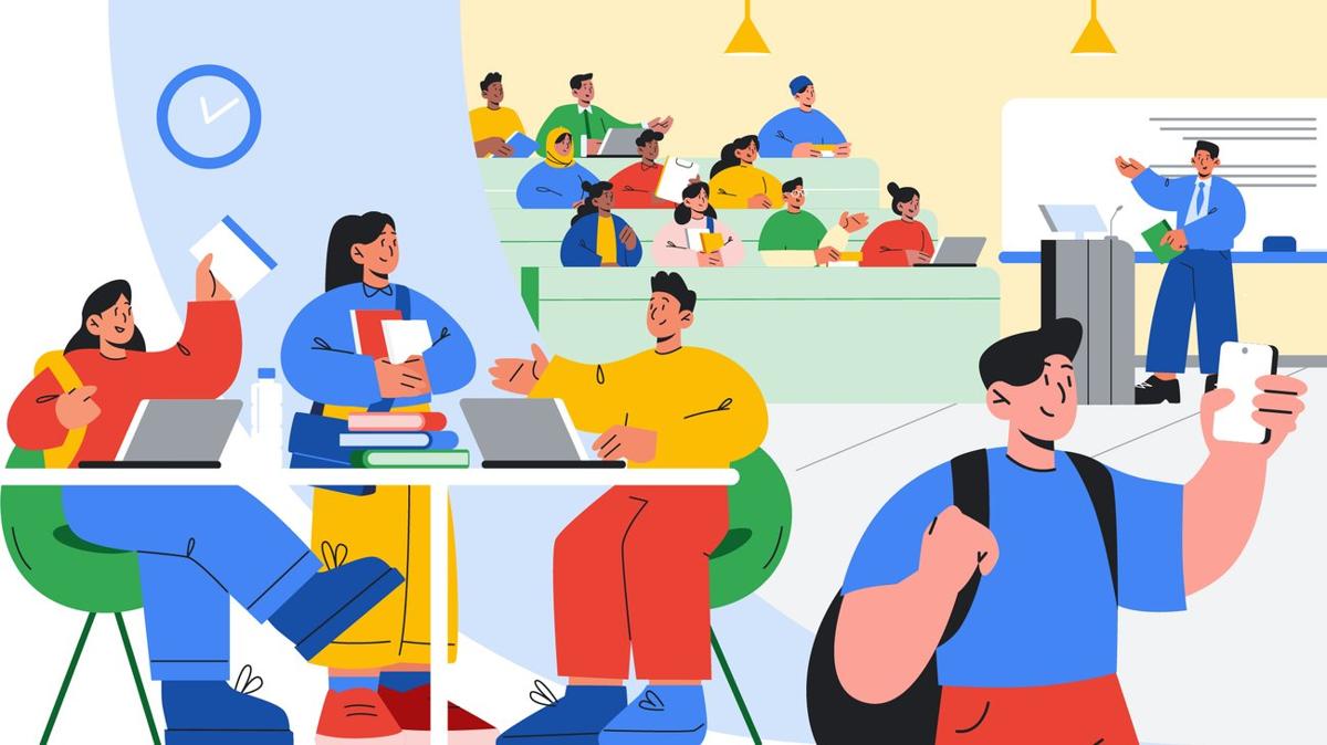 Ilustrasi Google for Education tentang mahasiswa dan dosen belajar bersama memakai teknologi