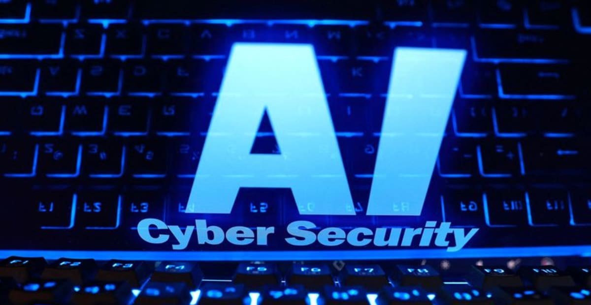 Tulisan AI Cyber Security di atas papan ketik bercahaya biru
