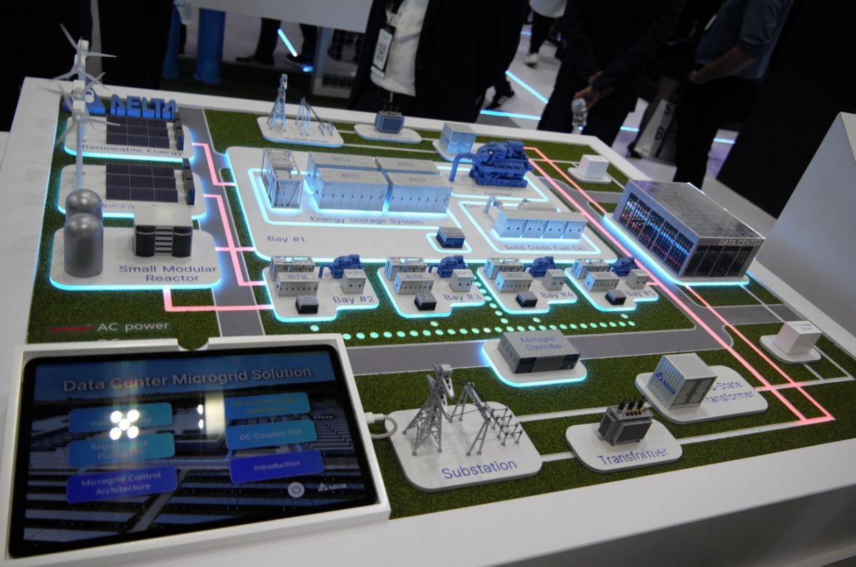 Maket pusat data dengan bangunan server, gardu listrik, dan turbin angin di sebuah pameran