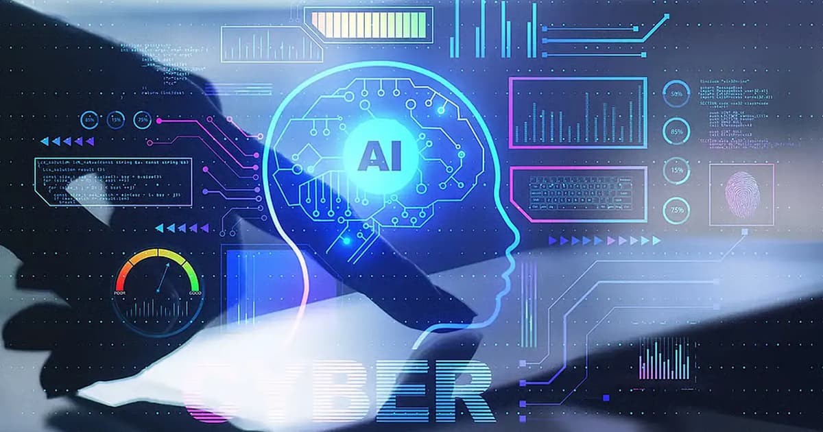 Ilustrasi kepala manusia digital bertuliskan AI dengan ikon keamanan siber