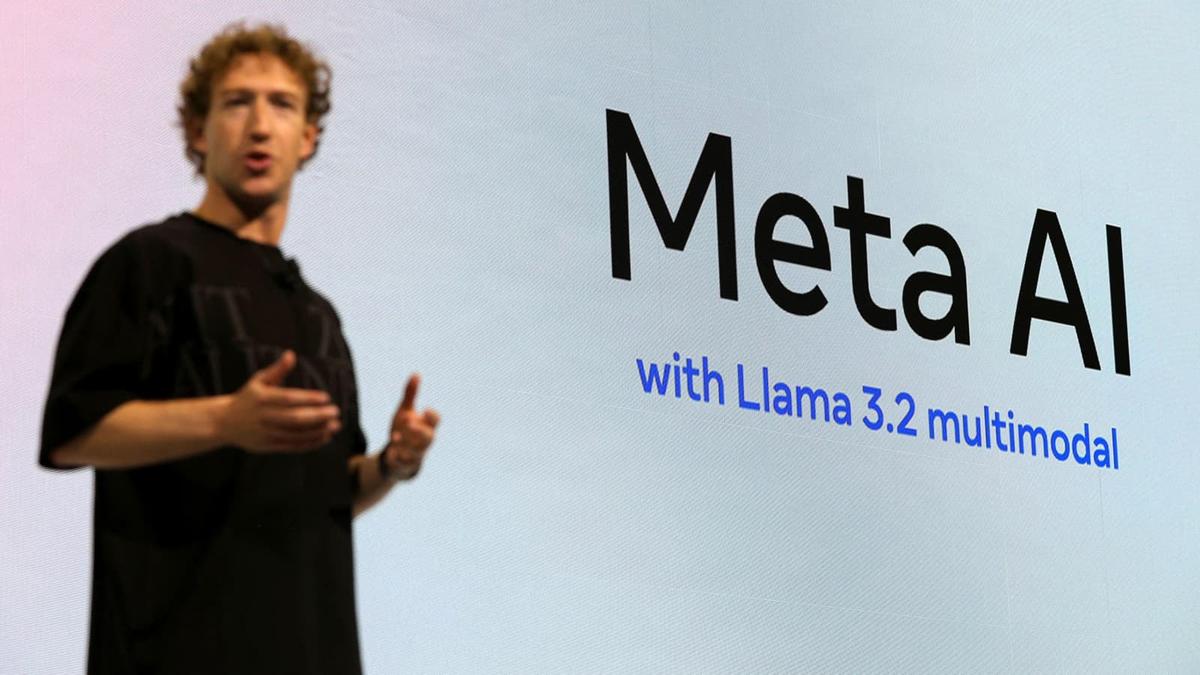 Mark Zuckerberg berbicara di depan layar bertuliskan Meta AI