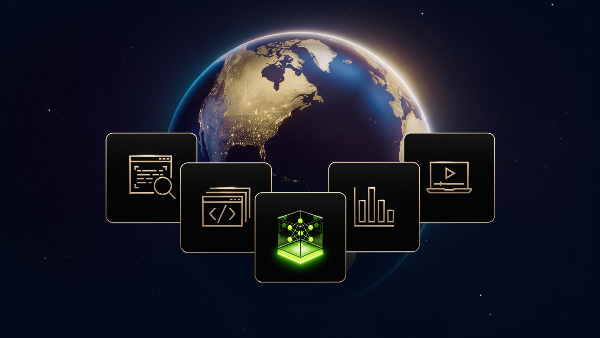 Ilustrasi bola dunia dengan ikon-ikon agen AI dari NVIDIA Nemotron