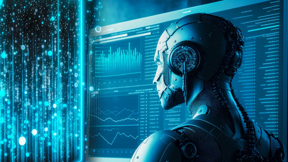 Ilustrasi robot AI menatap layar berisi data digital