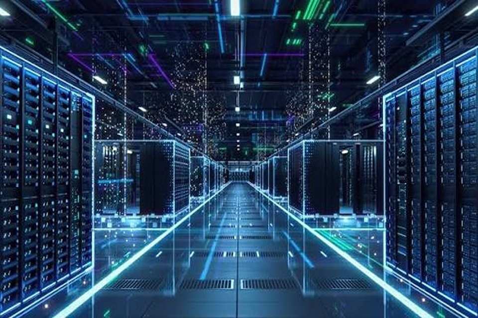 Ilustrasi lorong server di dalam pusat data